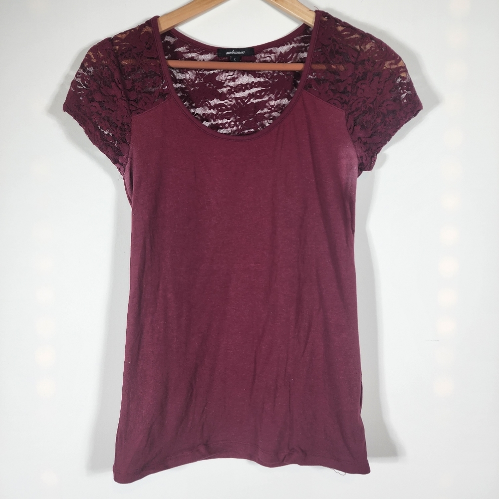 Women's Wine Colored Ambiance Apparel Lace Tshirt